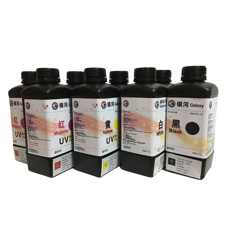 Galaxy UV Ink 5 Color C M Y K W 1000ml Galaxy UV Ink for Dx5 Printhead Made in Japan Galaxy UV Silk Screen Printing Ink for Metal Printing UV Inkjet Printer