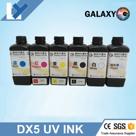 Galaxy UV-Tinte, 5 Farben, CMYKW, 1000 ml, Galaxy UV-Tinte für Dx5-Druckkopf, hergestellt in Japan, Galaxy UV-Siebdrucktinte für Metalldruck, UV-Tintenstrahldrucker